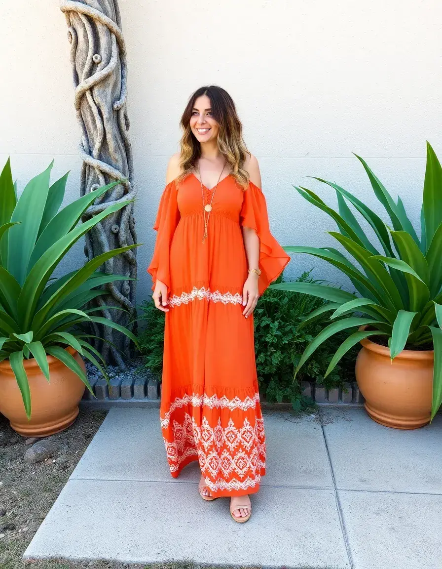 Robe maxi bohème orange fluide pour l'été