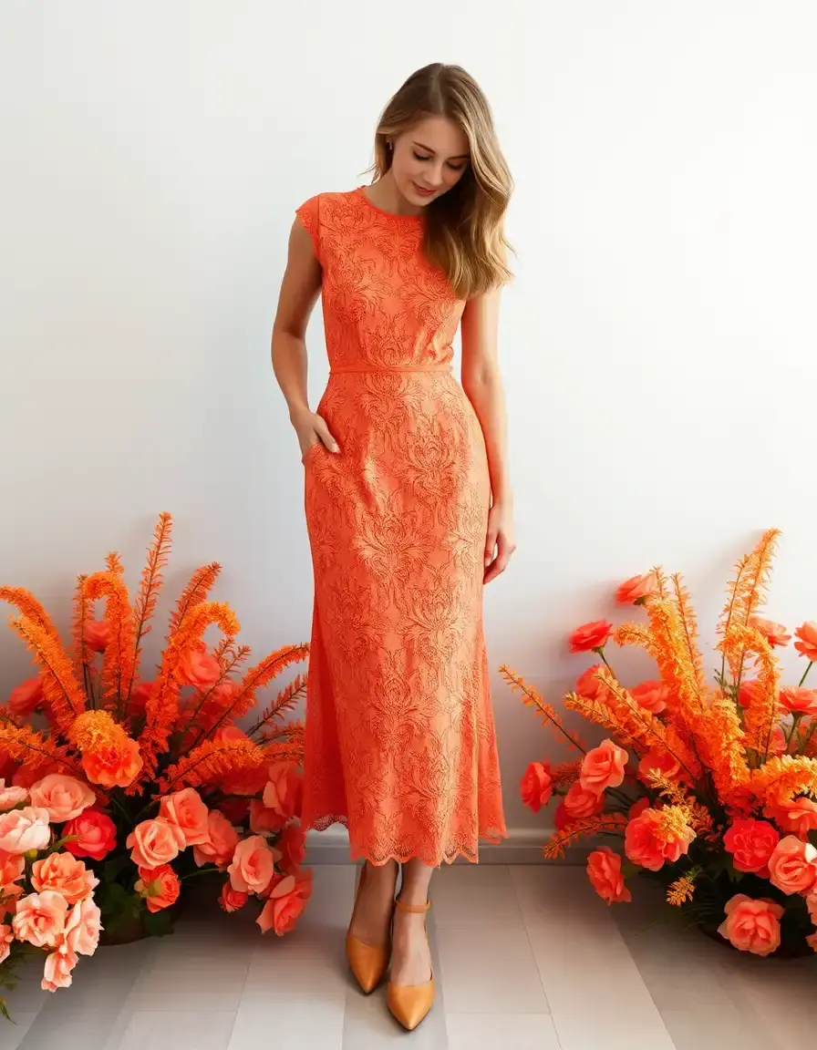 Robe en dentelle orange longueur midi élégante