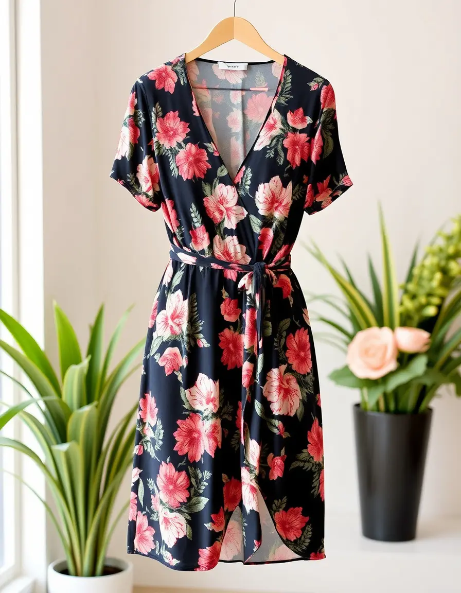 Robe portefeuille femme fleurie midi col v