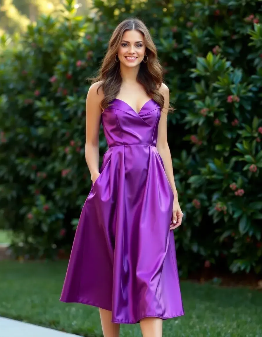 Robe satin violette longueur midi