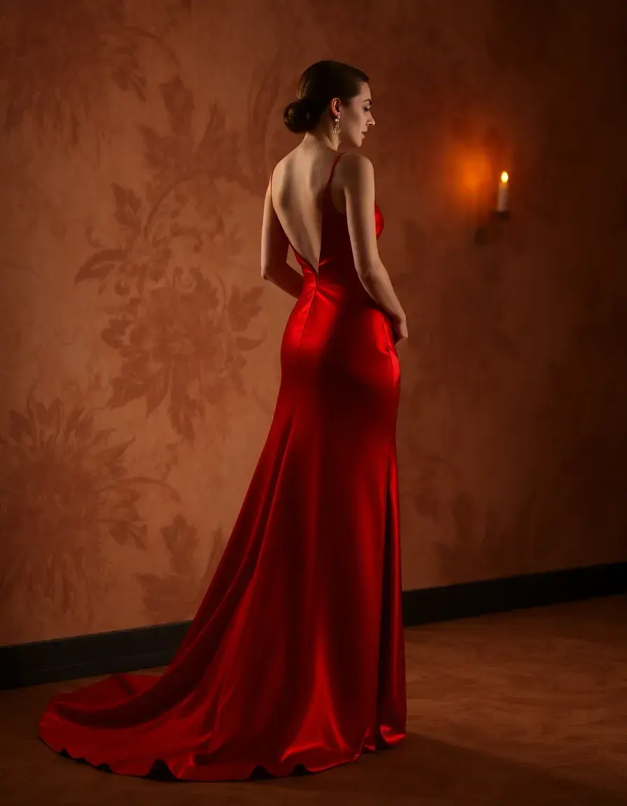 Red Soirée Gown en satin rouge flamboyant