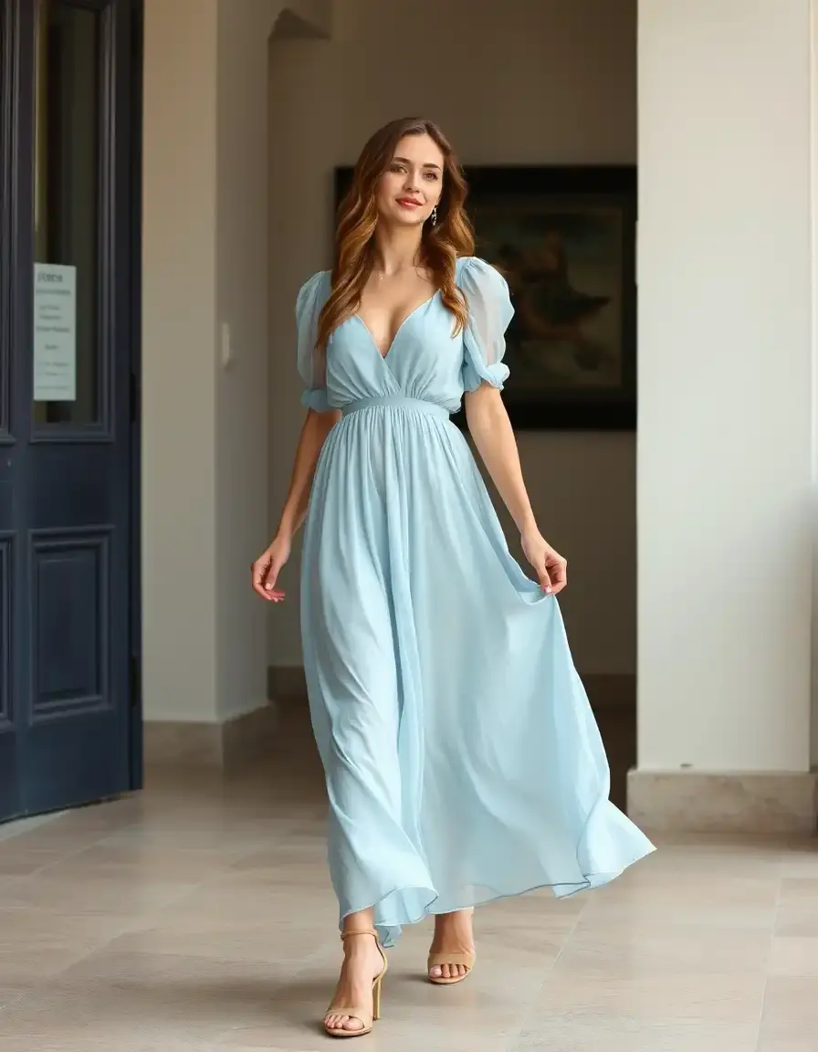 Robe en mousseline bleu clair fluide et élégante