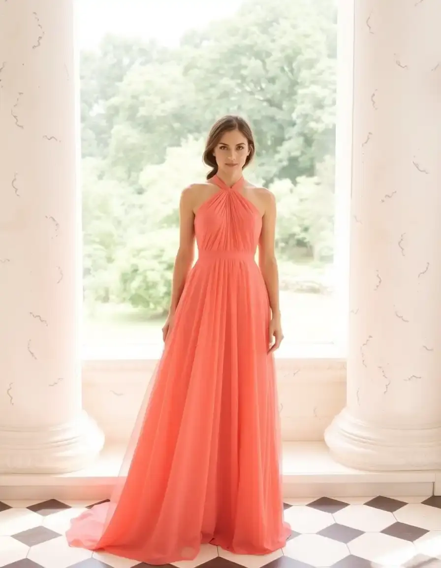 Robe demoiselle d'honneur col licou corail