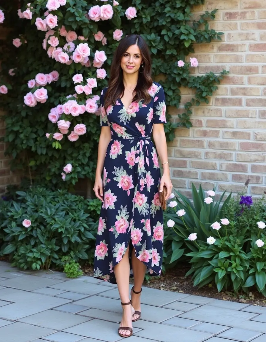 Robe cache-coeur fleurie style midi