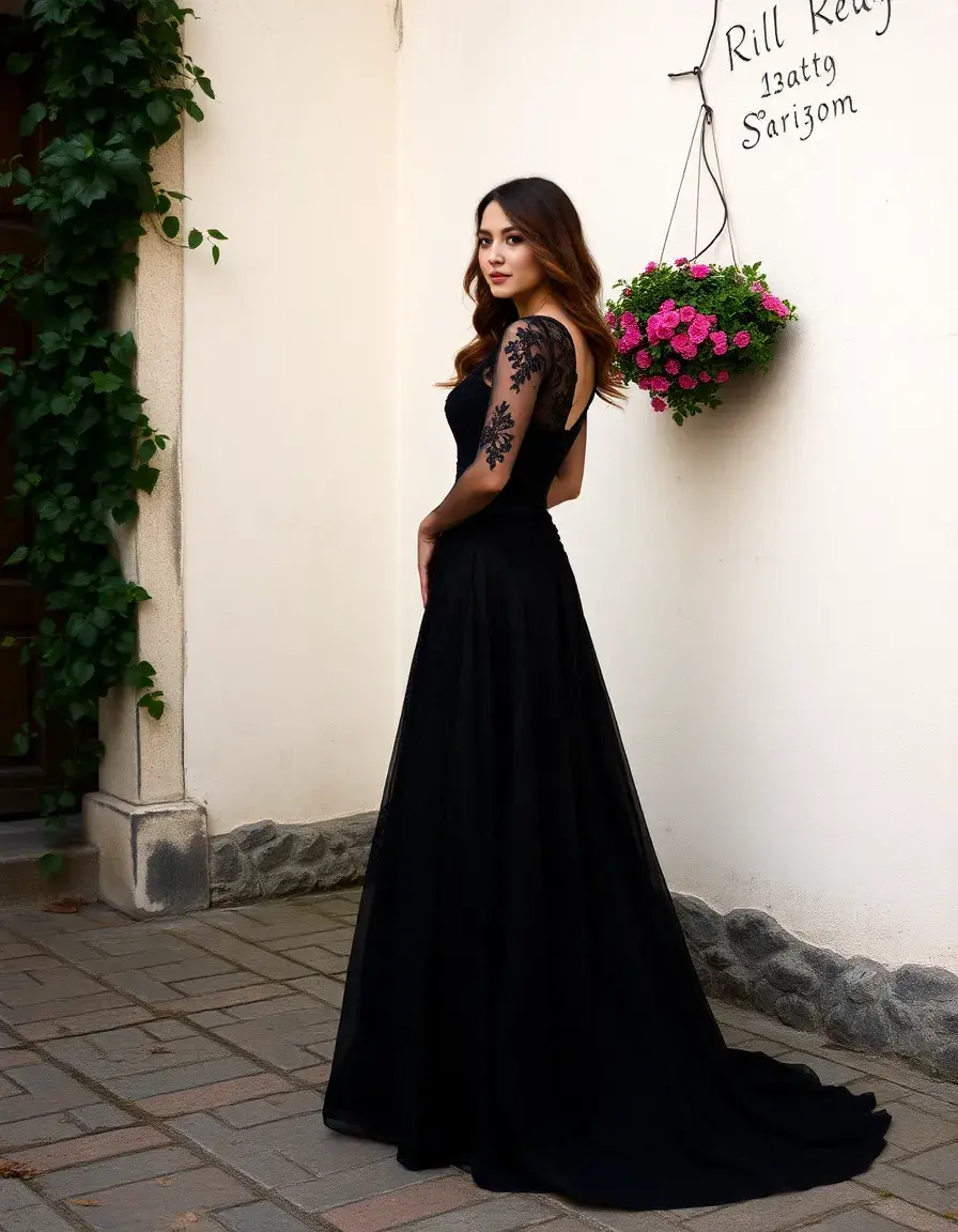Robe longue en dentelle noire romantique