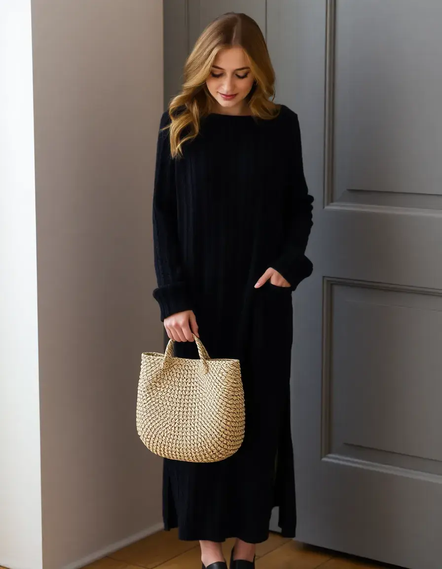 Robe longue en maille noire hiver