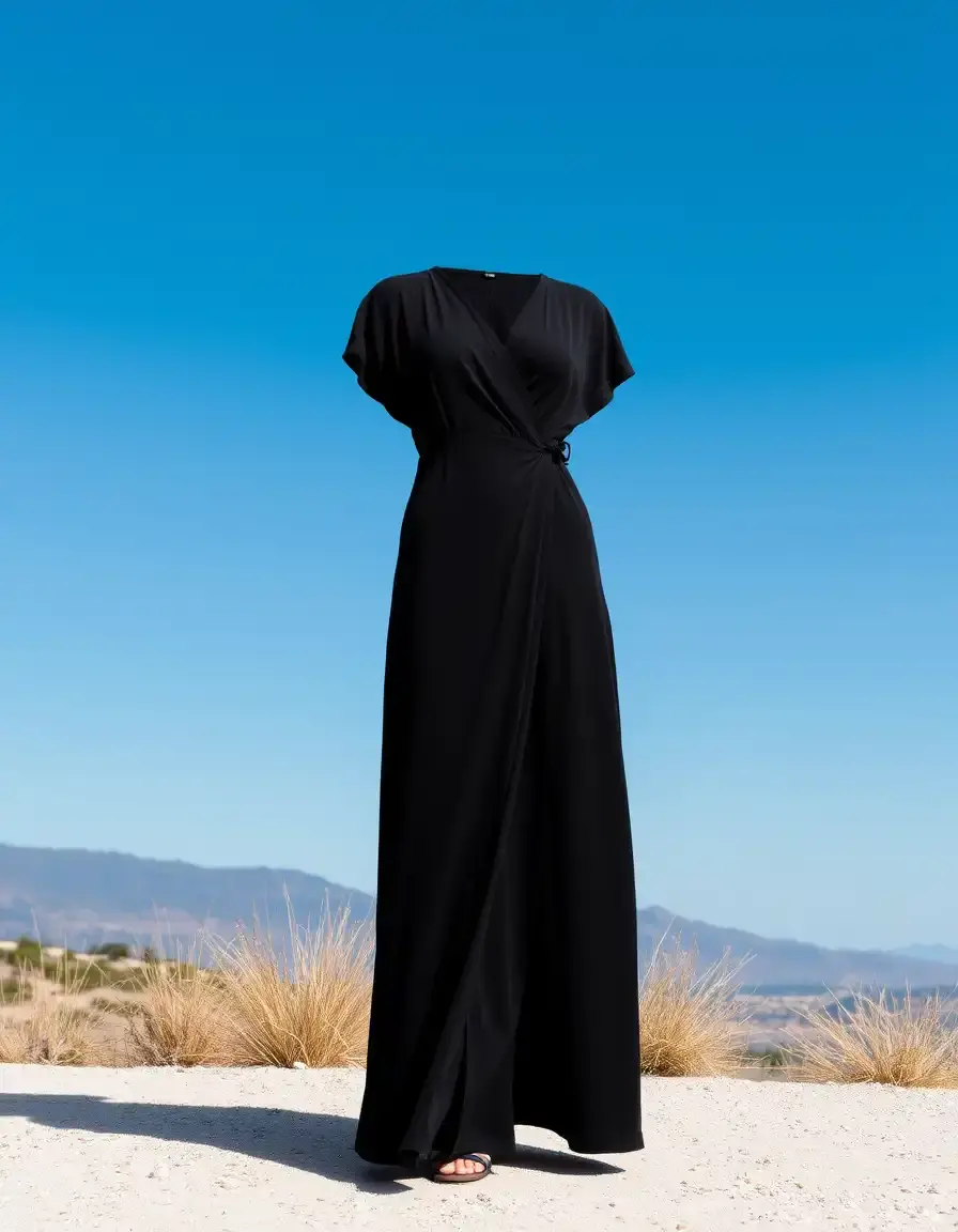 Robe longue portefeuille noire col V