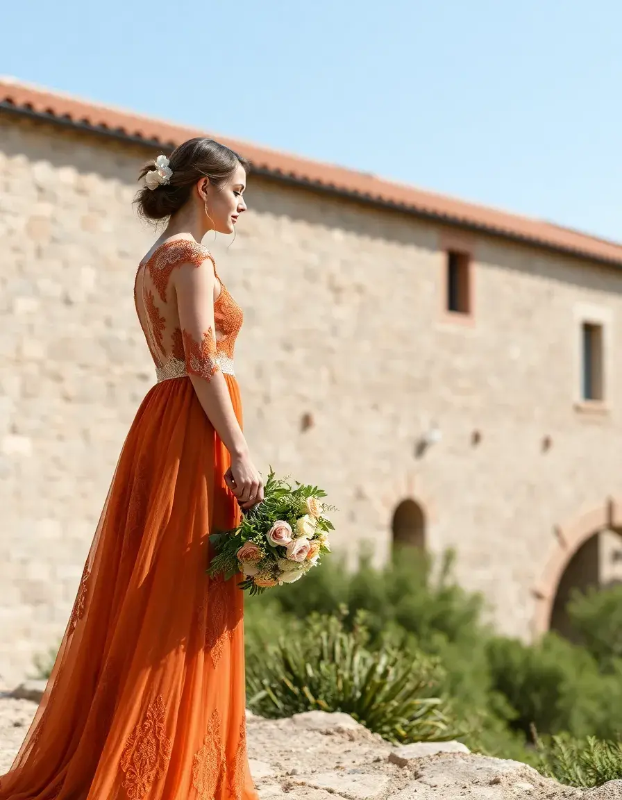 Robe terracotta mariage en dentelle romantique