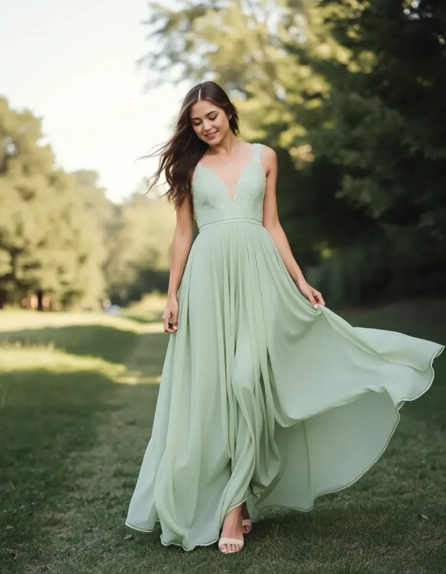 Robe de mariage bohème vert sauge fluide