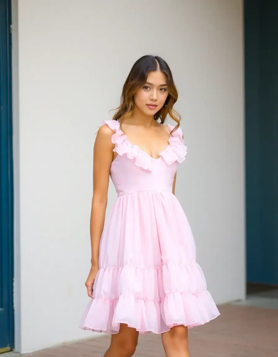 Robe rose clair à volants fluide et romantique