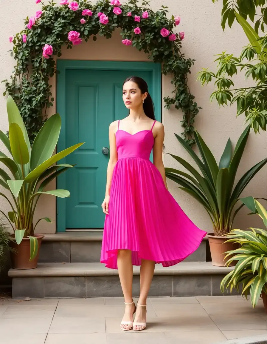 Robe rose fuchsia plissée élégante