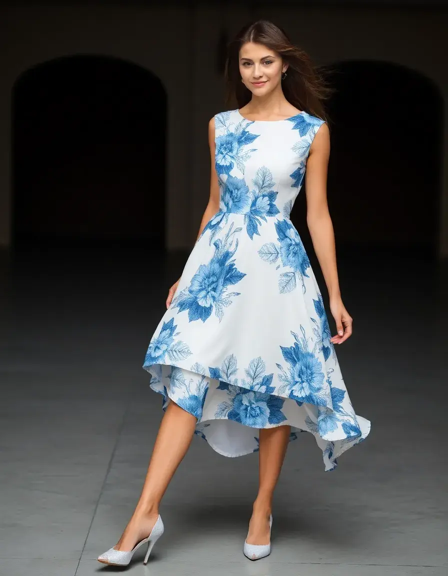 Robe fleurie bleue et blanche romantique