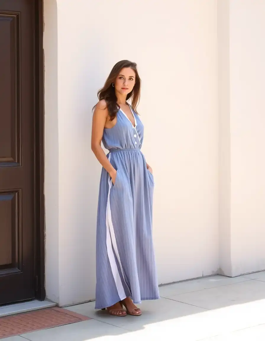 Robe longue maxi bleue et blanche décontractée