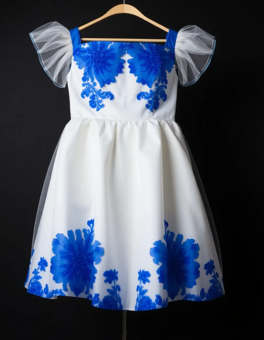 Robe de cocktail élégante bleue et blanche