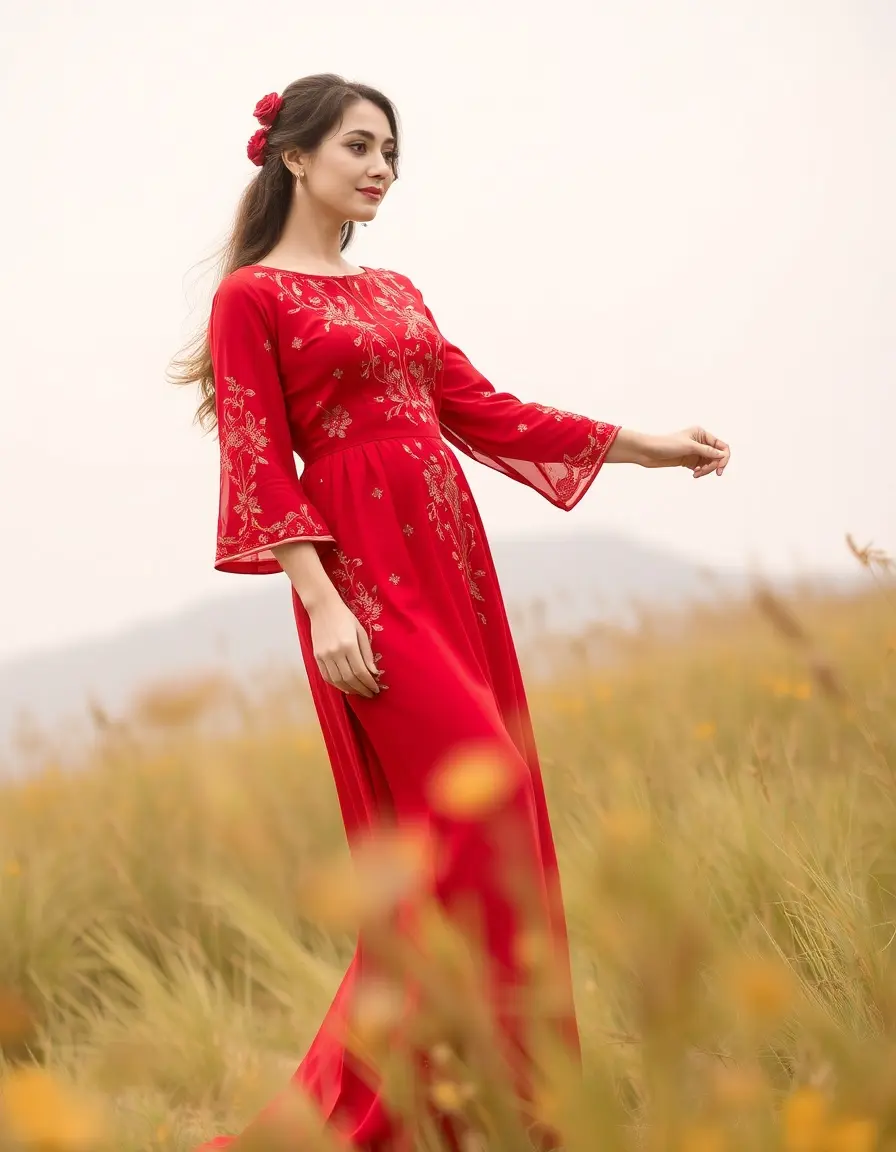 Crimson Red Dress - Robe brodée rouge cramoisi