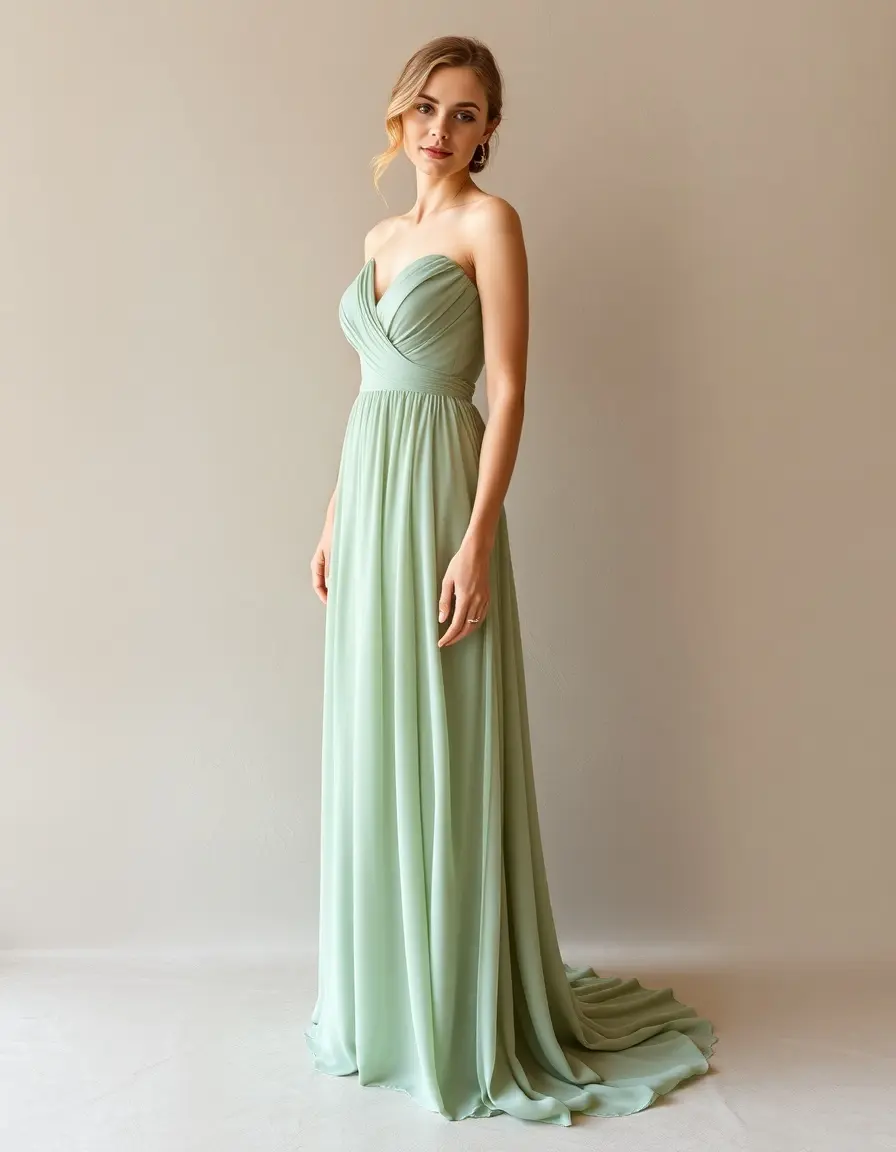 Robe demoiselle d'honneur vert sauge en mousseline fluide