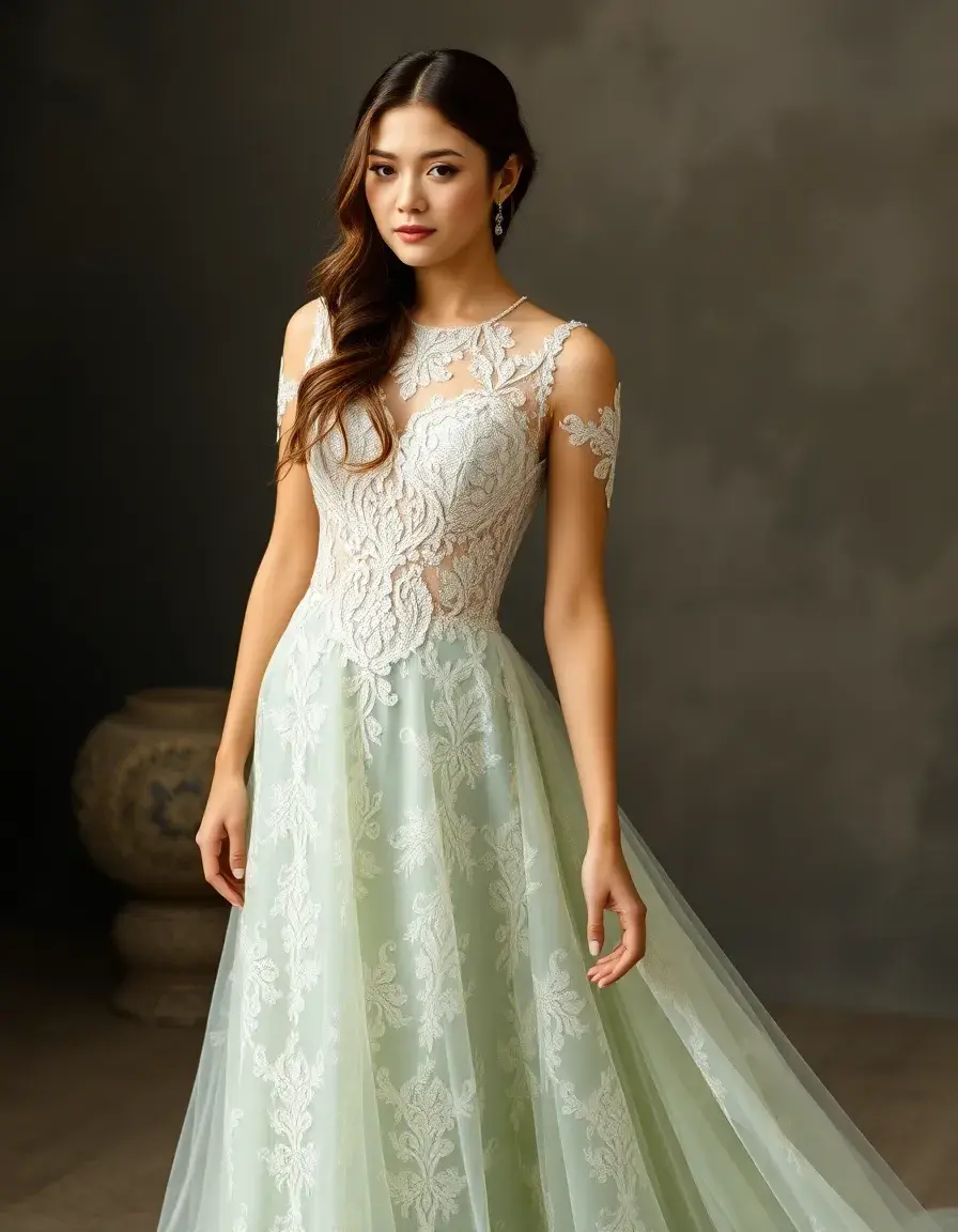 Robe demoiselle d'honneur vert sauge en dentelle délicate