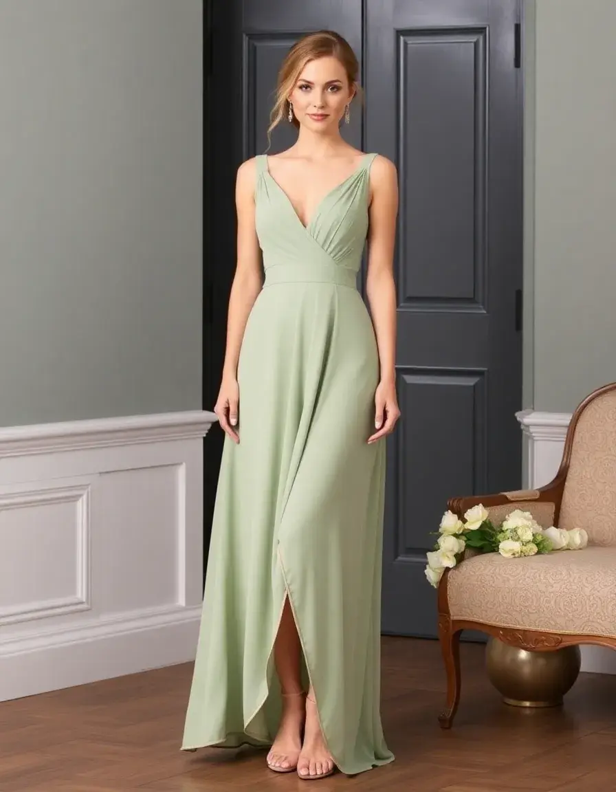 Longue robe maxi vert sauge pour demoiselle d'honneur