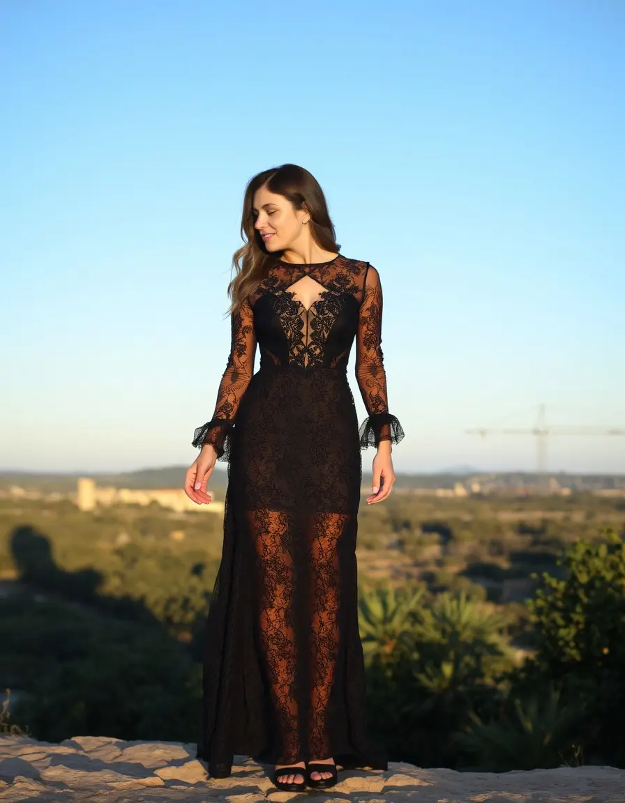 Robe dentelle noire maxi longue élégante