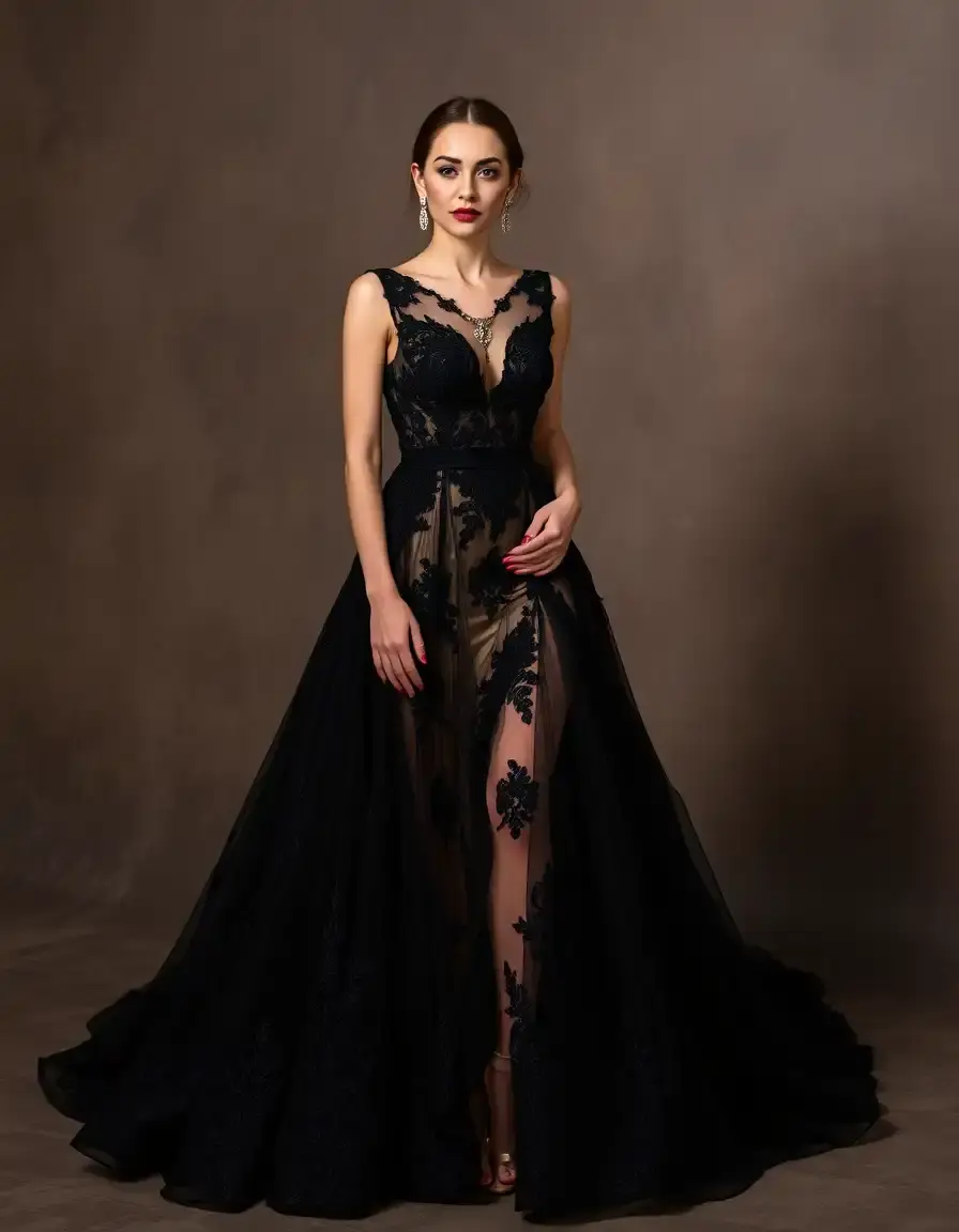 Robe de soirée longue dentelle noire luxe