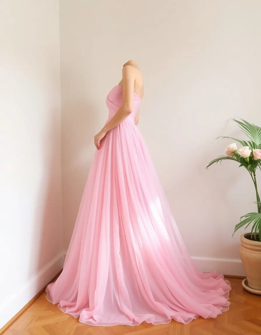 Robe de soirée longue en mousseline rose