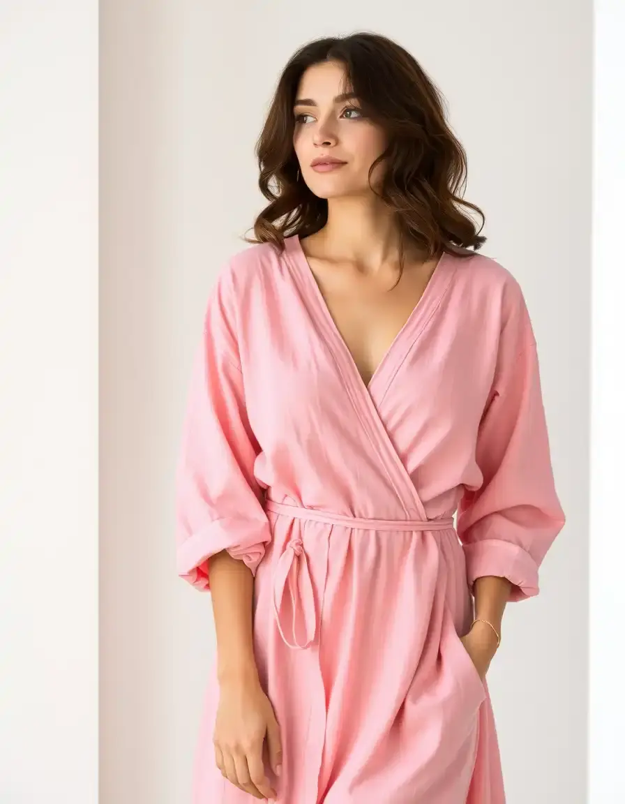 Robe portefeuille en lin rose