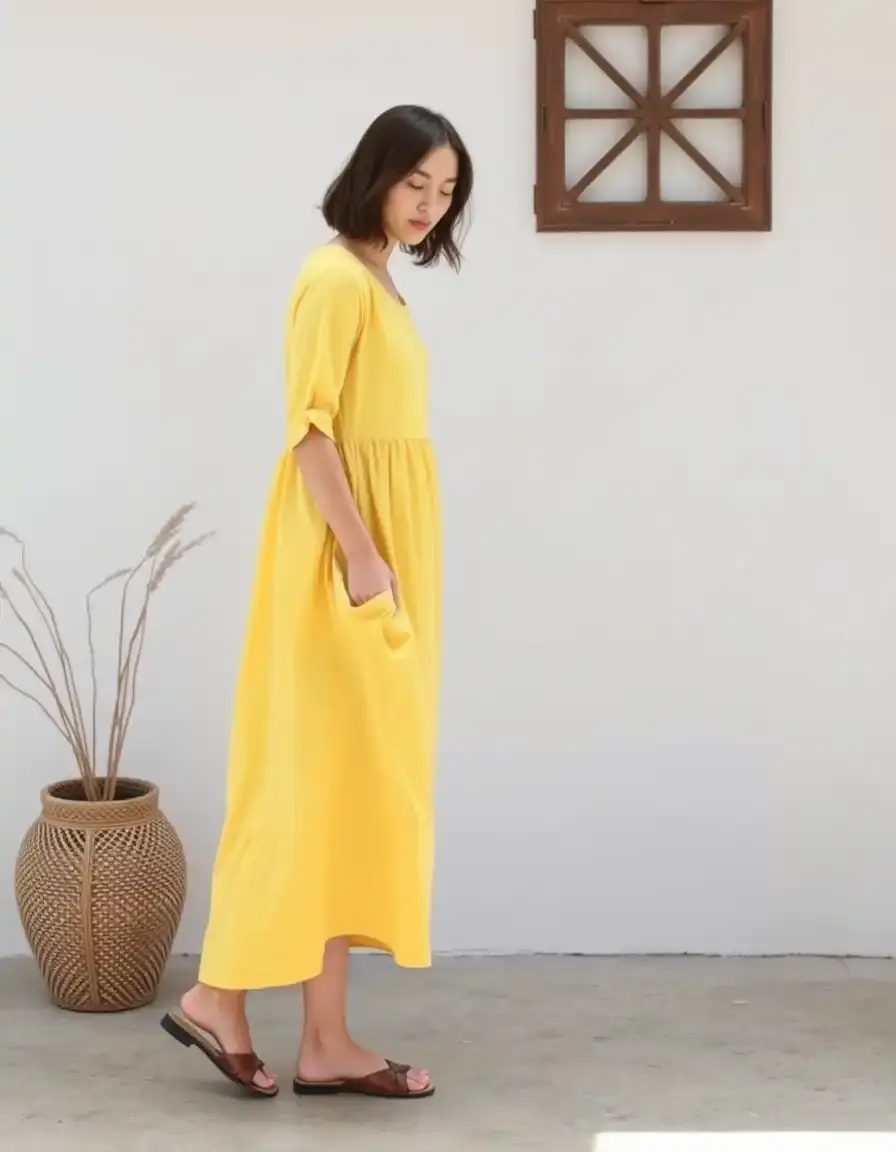 Robe trapèze en lin jaune