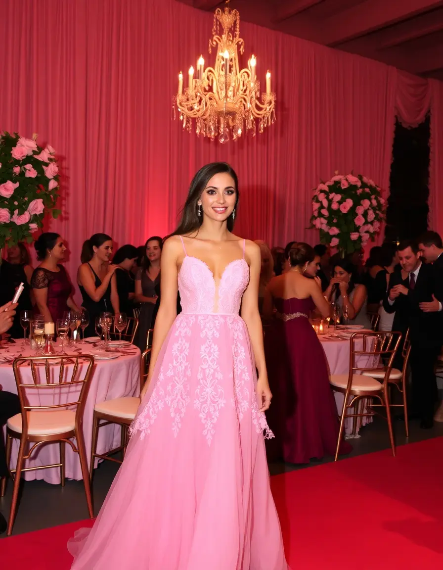 Robe de gala rose avec détails en dentelle