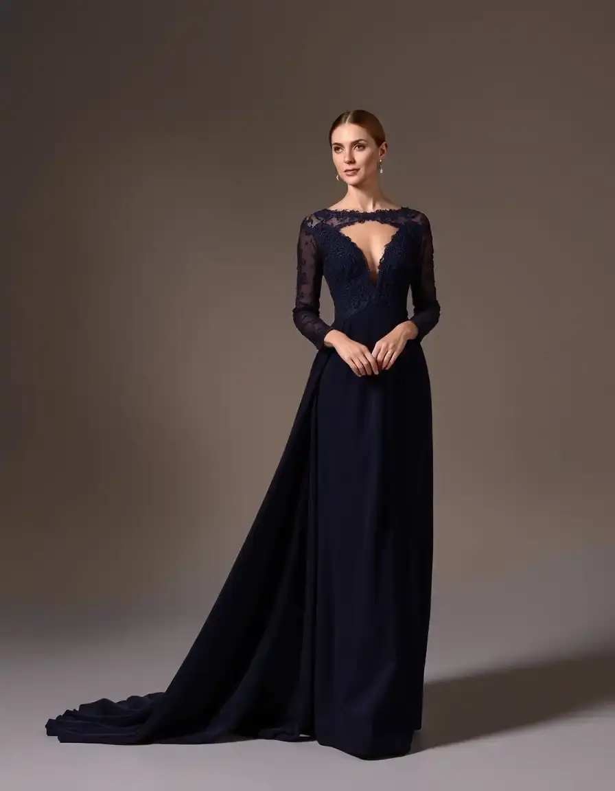Robe de soirée élégante bleu marine à manches longues