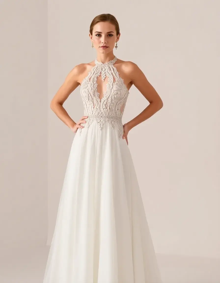 Robe de soirée col licou avec broderies de perles