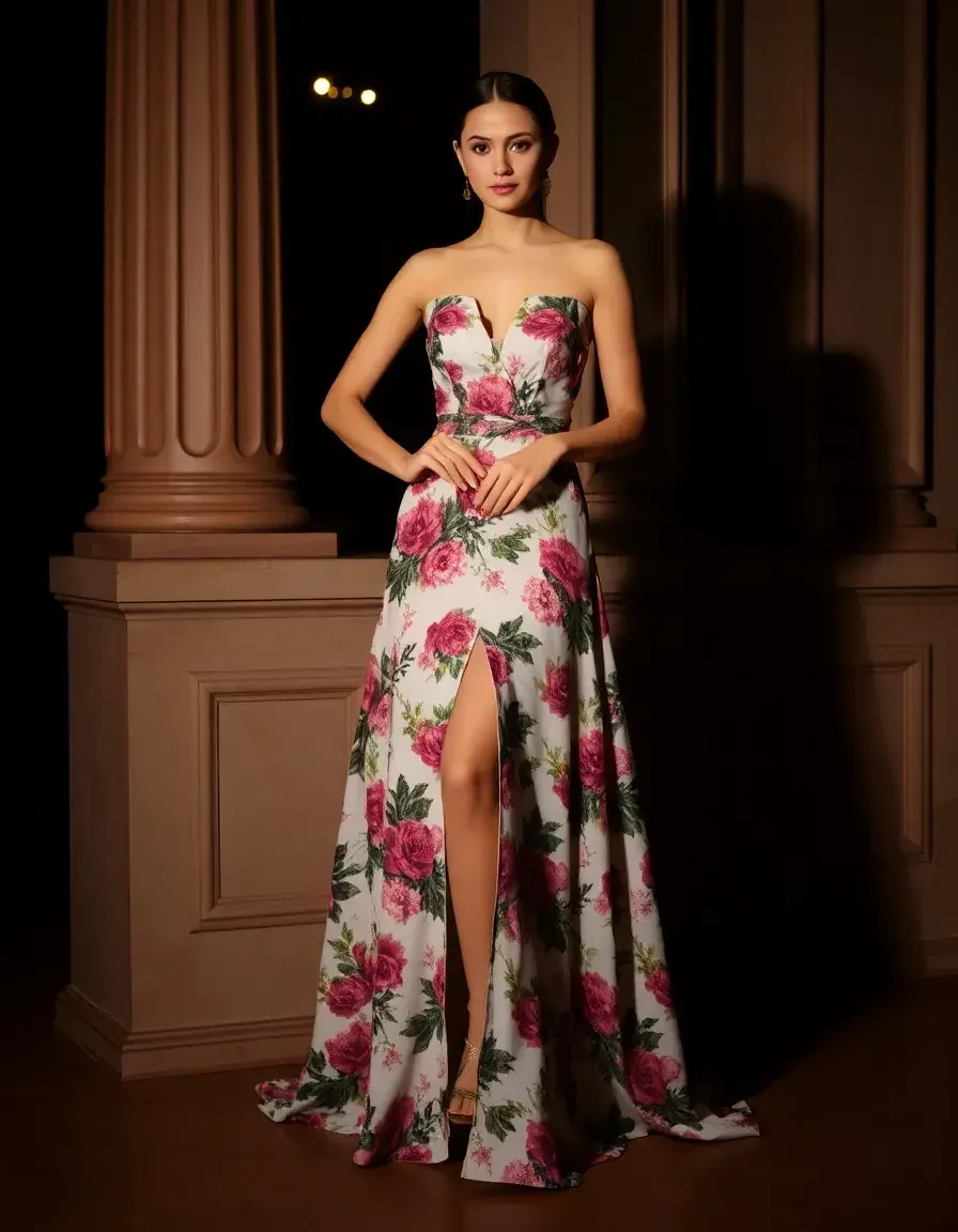 Robe de soirée longue à imprimé floral avec fente