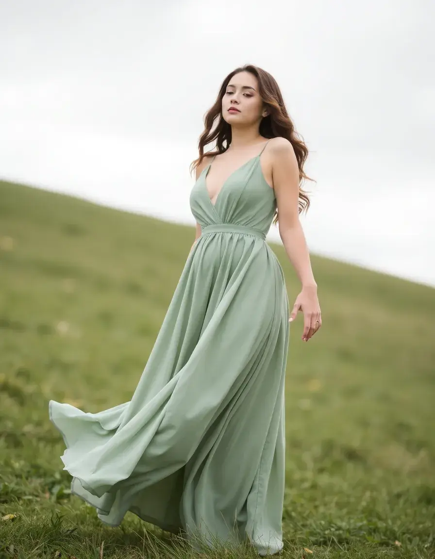 Robe longue vert sauge bohème
