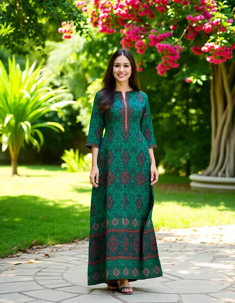 Robe longue verte à motifs imprimés