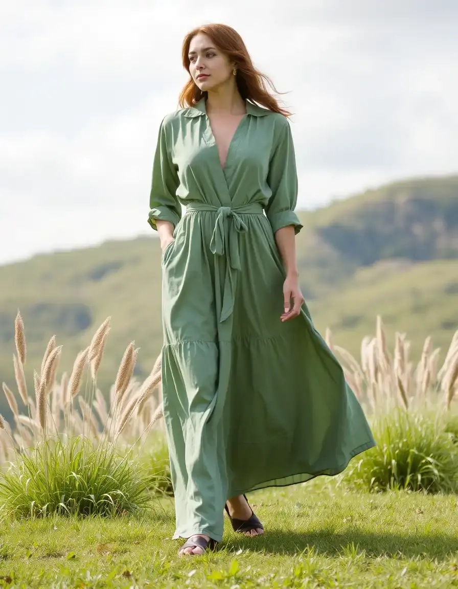 Robe longue verte sauge fluide