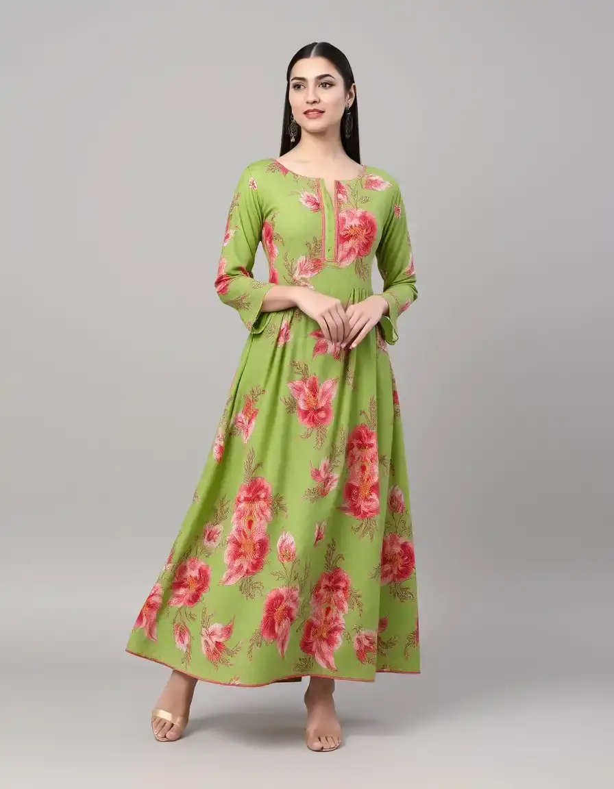 Robe longue verte à motifs