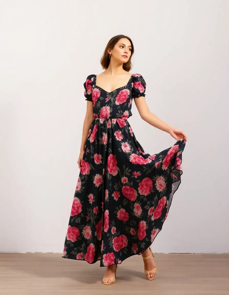 Floral Midi Dress Women - Robe mi longue femme fleurie