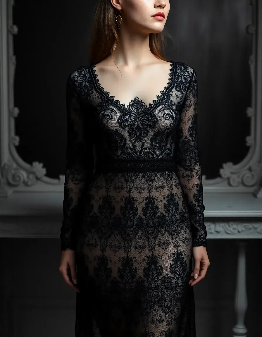 Robe noire longue en dentelle style romantique