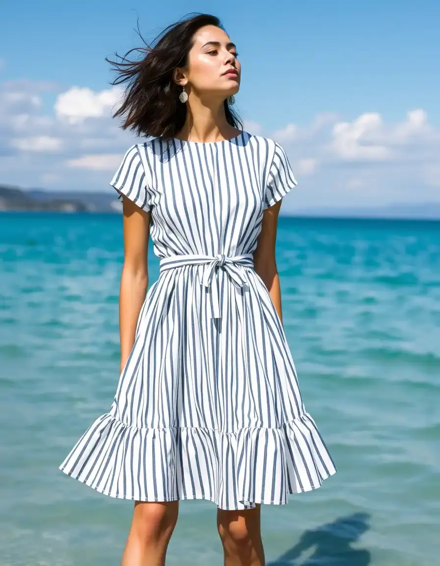 Robe été longue à rayures verticales amincissante