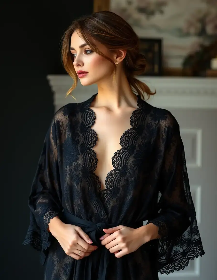 Feminine Black Lace Robe - Robe dentelle noire élégante
