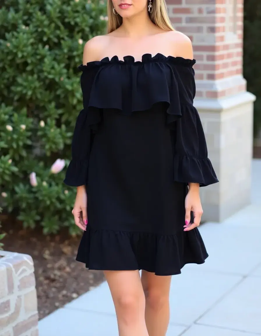 Robe noire épaules dénudées volants