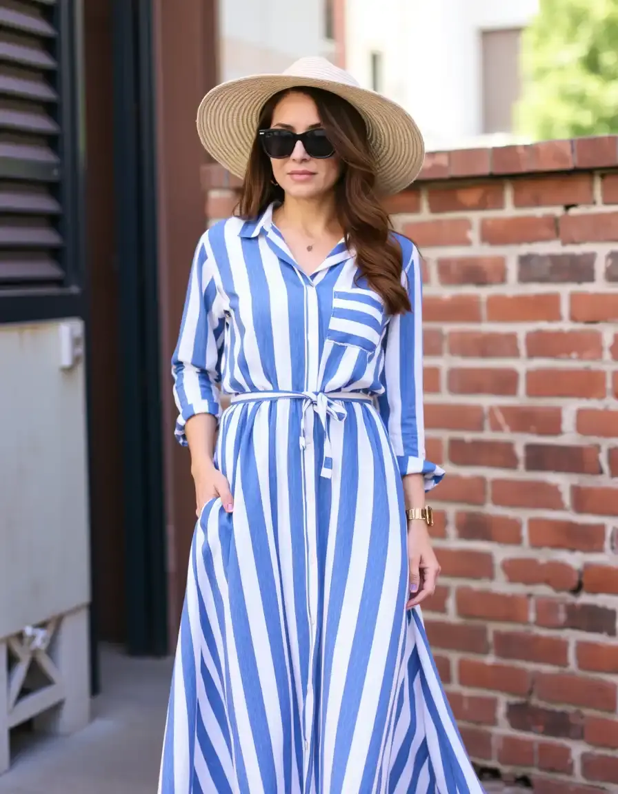Robe chemise longue rayée bleu et blanc