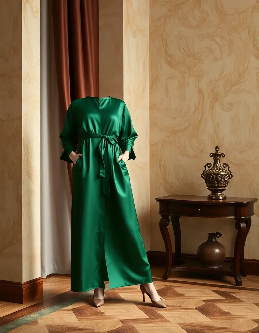 Longue chemise robe en soie verte luxueuse