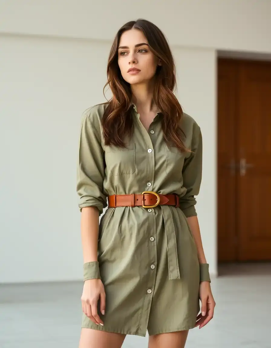 Robe chemise longue kaki ceinturée style safari