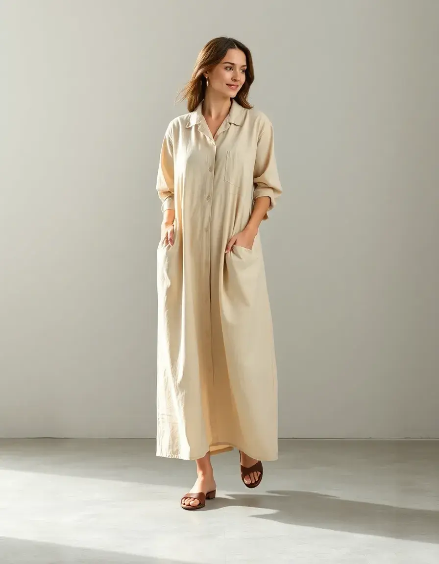 Robe chemise longue en lin beige naturel