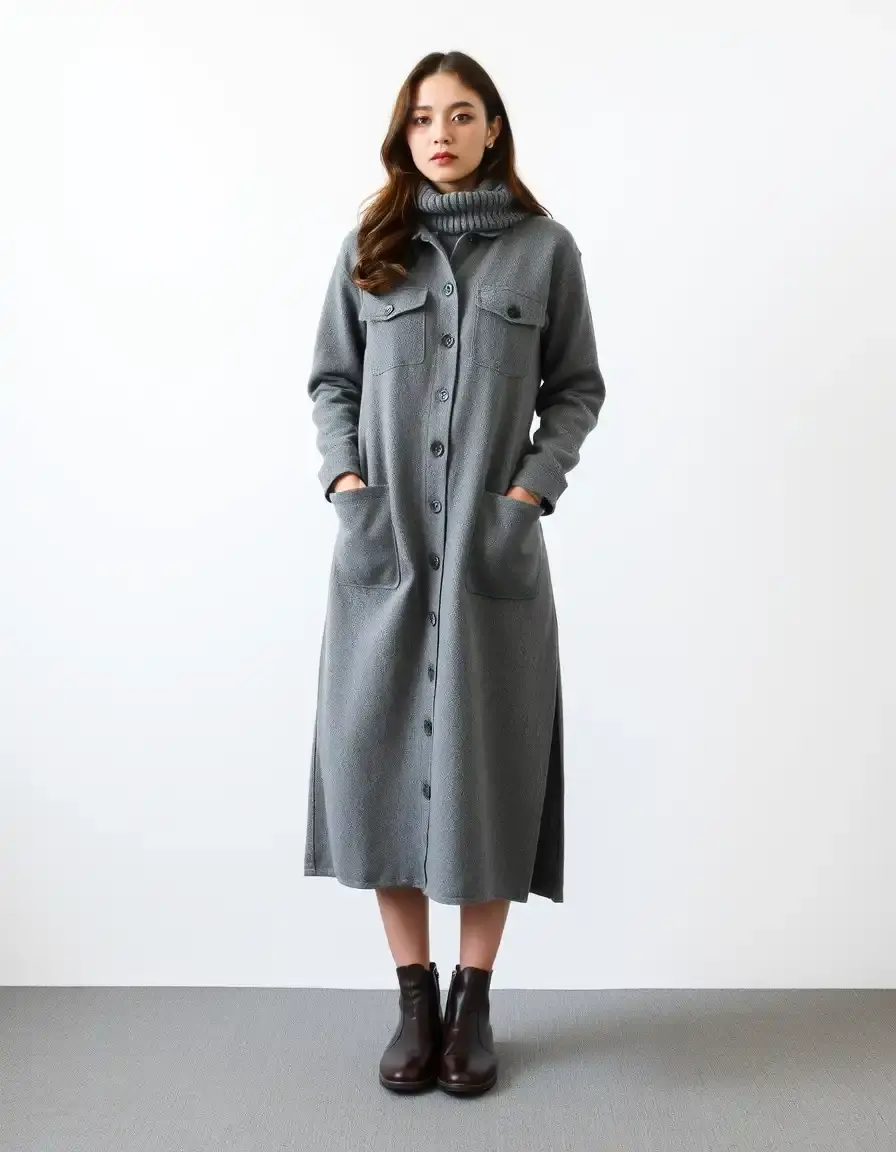 Robe chemise longue en laine grise chaude