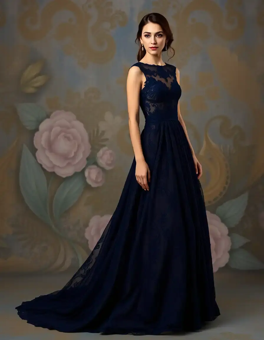 Lace Long Evening Gown navy intricate