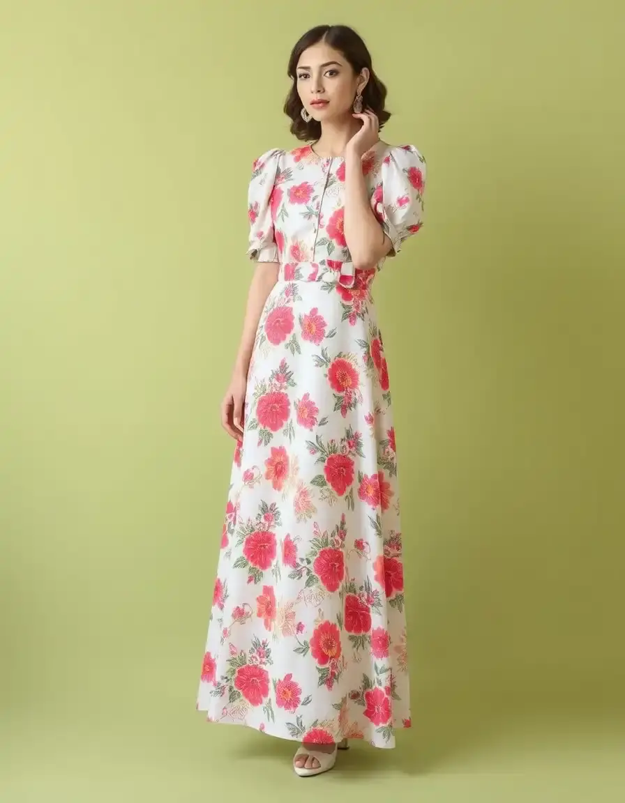 Robe longue vintage à fleurs avec manches bouffantes