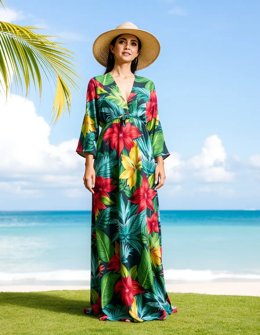 Longue robe fleur imprimé tropical vibrant