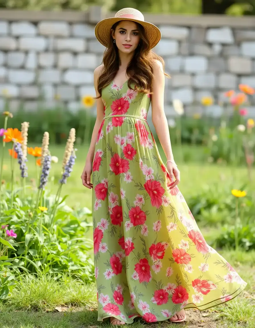 Longue robe fleur verte style jardin