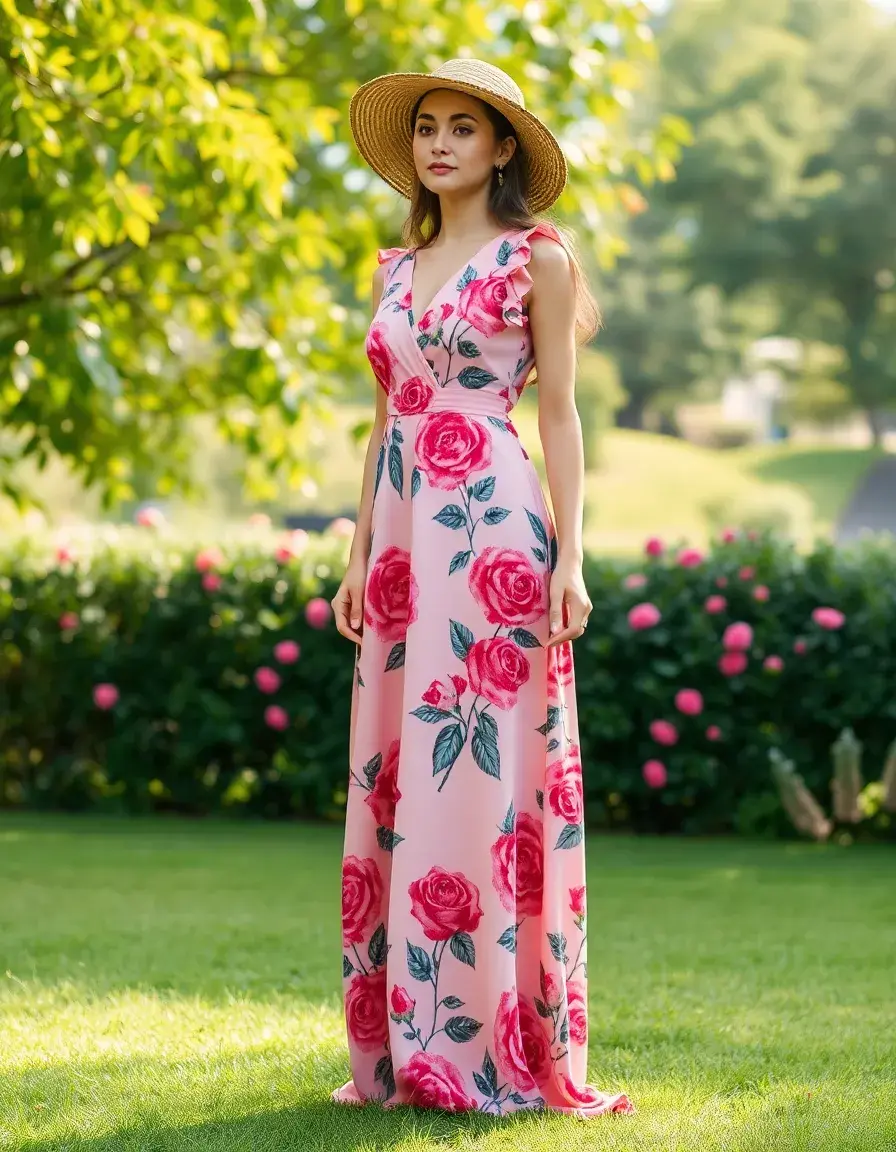 Robe longue fleurs roses romantiques